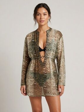 Zebra Print Semi-Sheer Deep V Swim Coverup Tunic Top - Small / Medium 🦓